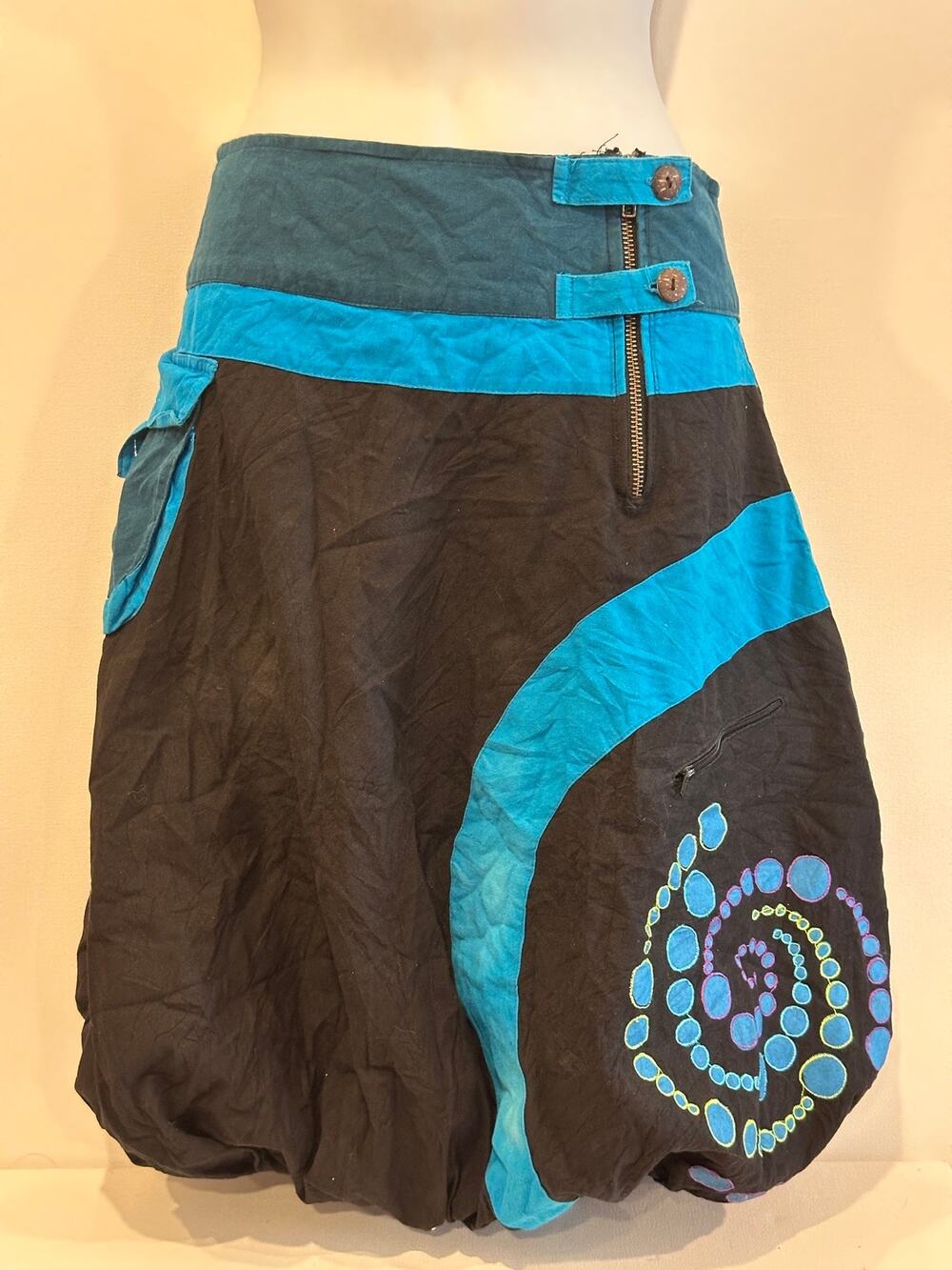 Boho Nepal Cotton Colorblock Spiral Embroidered Bubble Balloon Skirt Cargo M